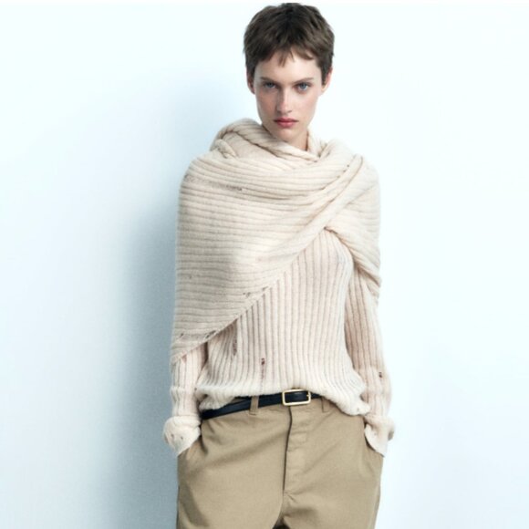 NWT ZARA RIPPED KNIT CAPE Cardigan Neck Warmer - Picture 1 of 9